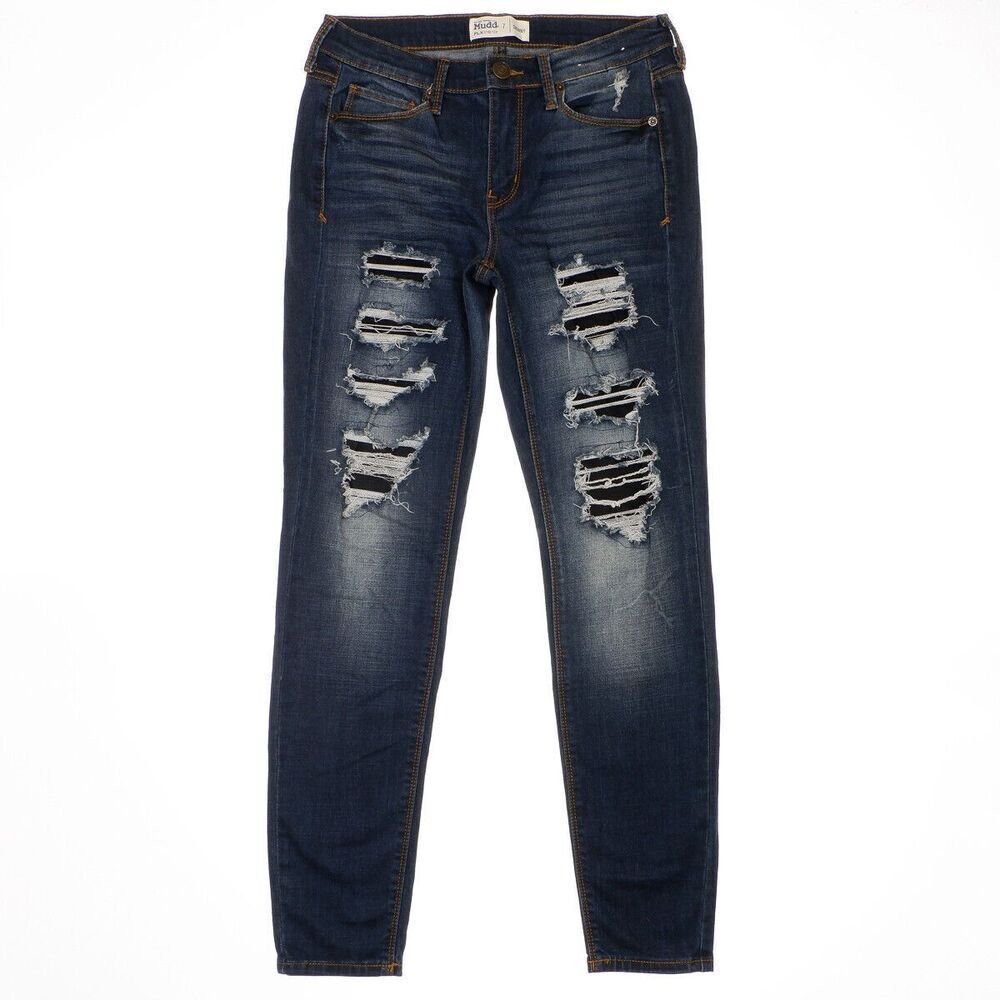 Mudd Jeans Juniors Size 7 Skinny Distressed Patched Stretch Blue Denim 28 x 28.5